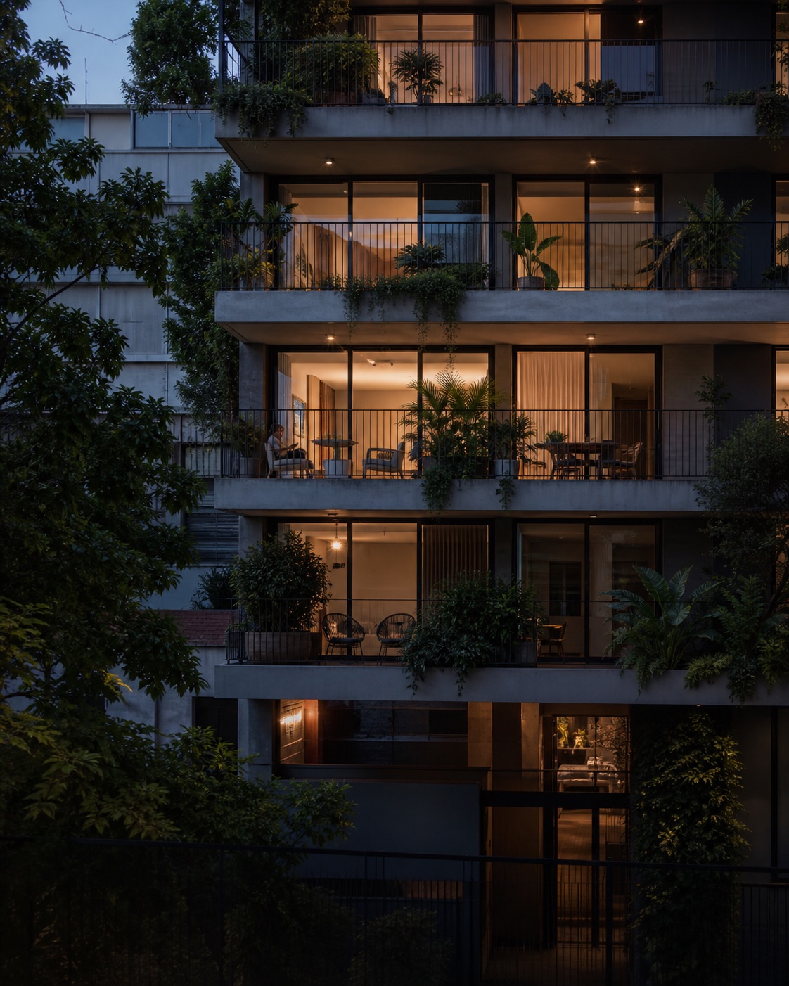 Edificio residencial con balcones y espacios verdes