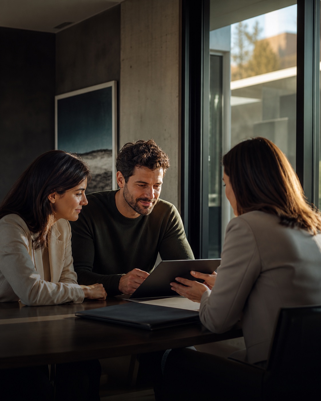 Personas reunidas con una profesional durante una operación inmobiliaria